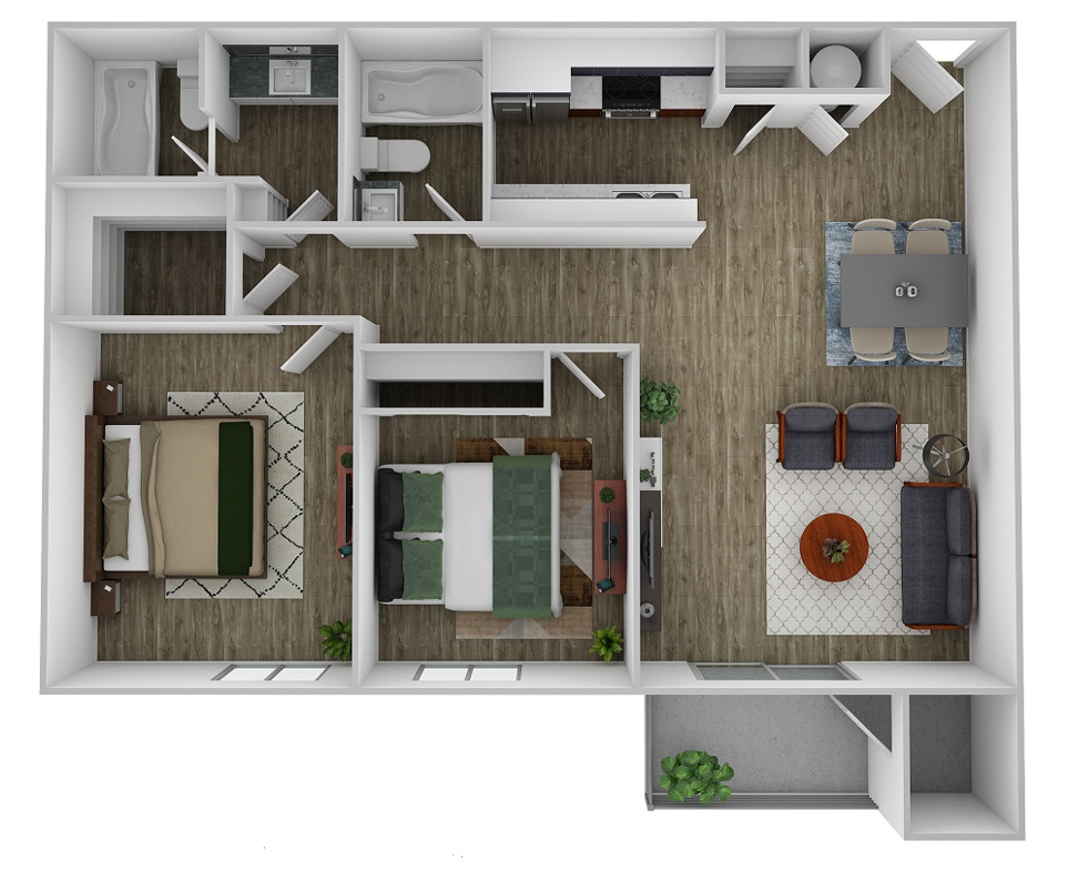 Floor plan for 2 beds, 2 baths, 950 sqft